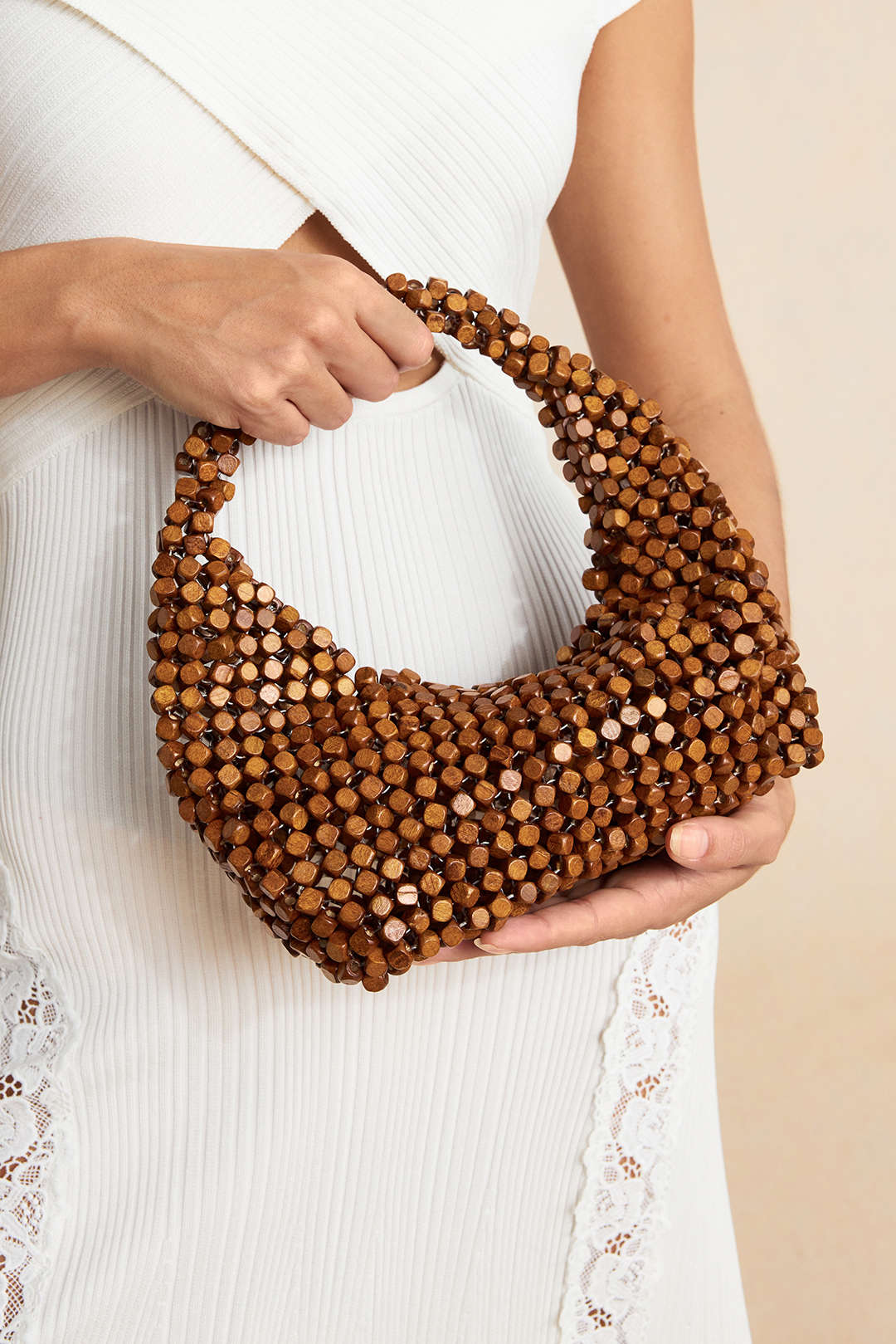 Wood Beaded Woven Tote Bag