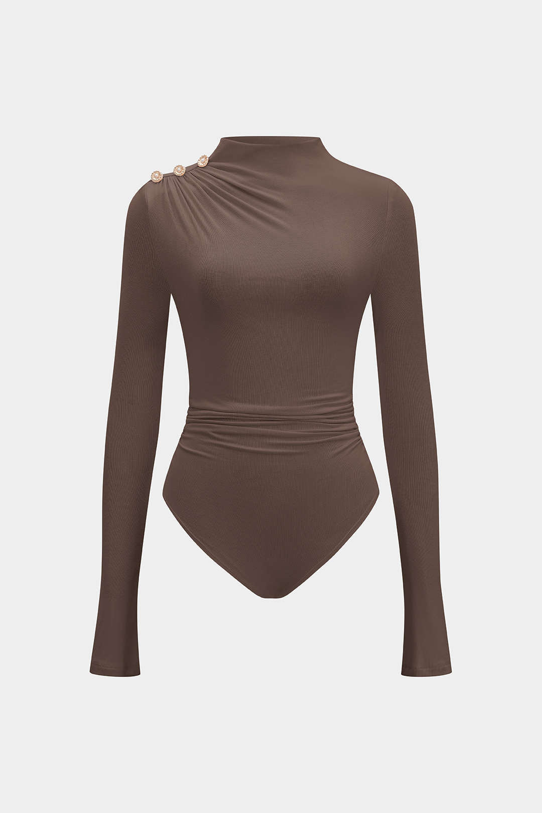 Asymmetrical Button Ruched Long Sleeve Bodysuit