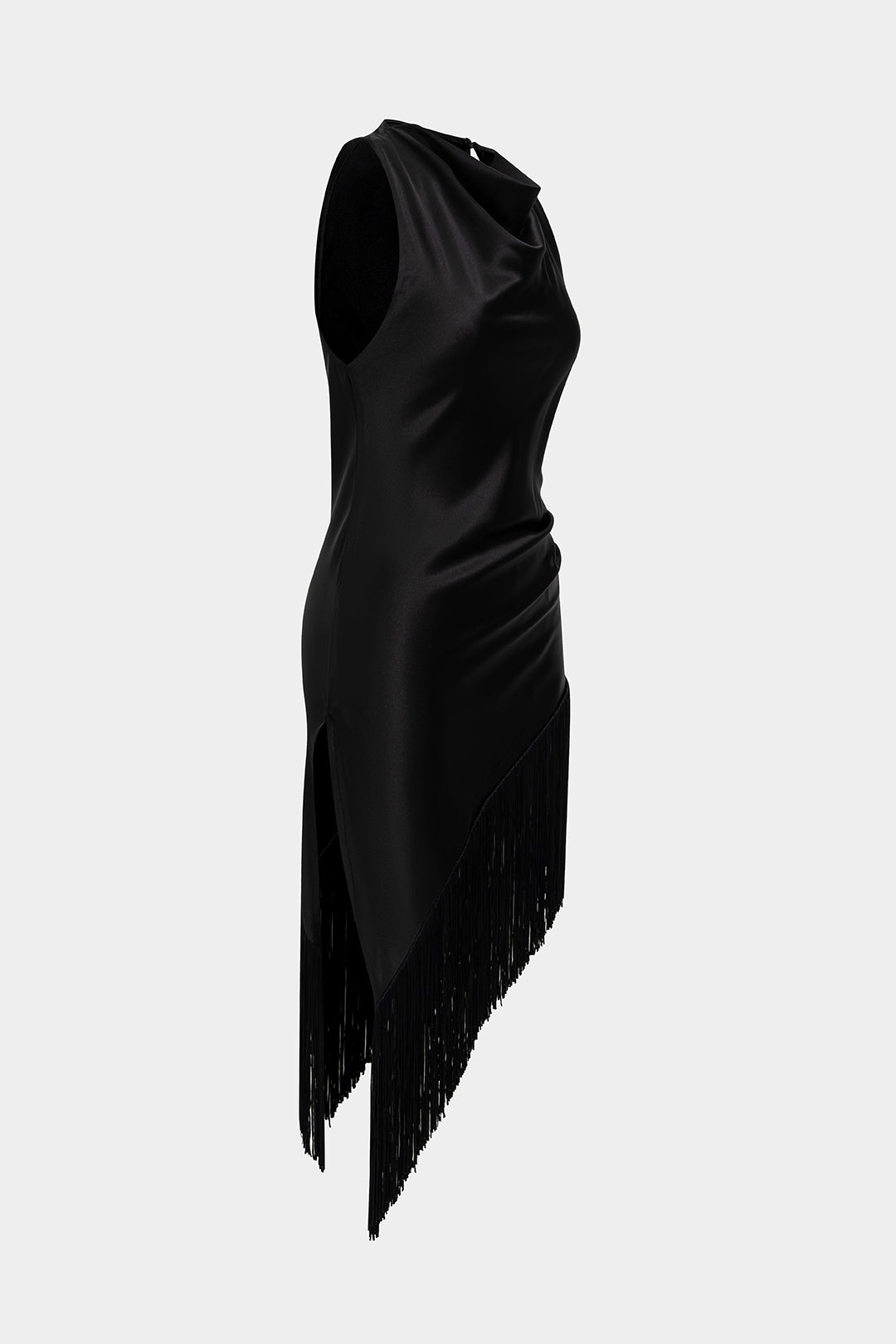 Satin Midi-Kleid mit drapiertem Wasserfallausschnitt, asymmetrischem Fransen-Saum und ärmellosem Design