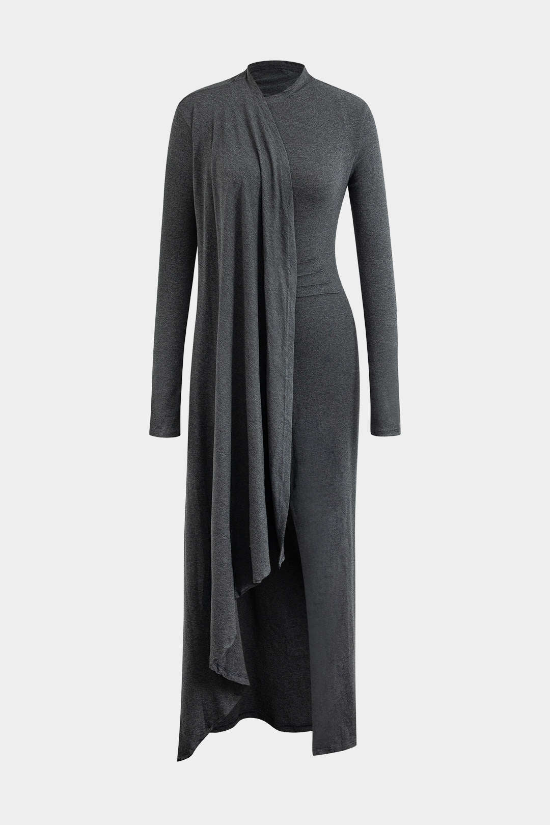 Robe longue fendue drapée à manches longues, col montant et effet portefeuille