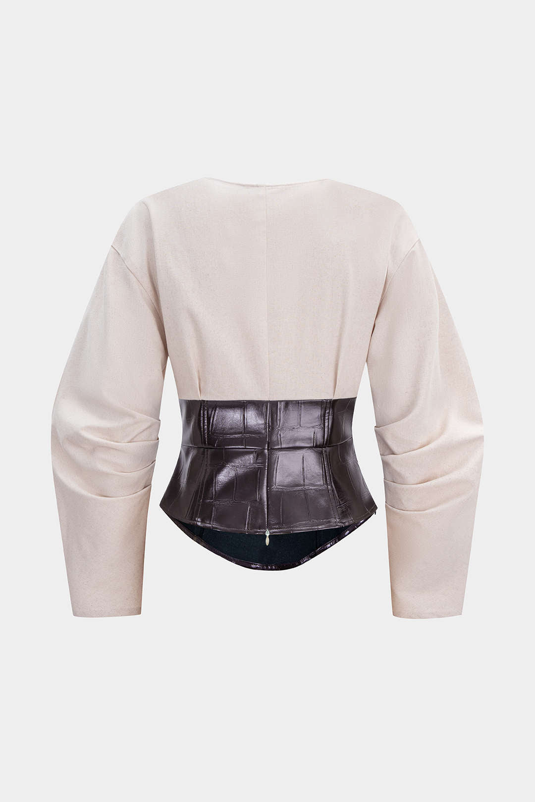 Faux Leather Metallic Button V-Neck Waist-Cinching Long-Sleeve Shirt