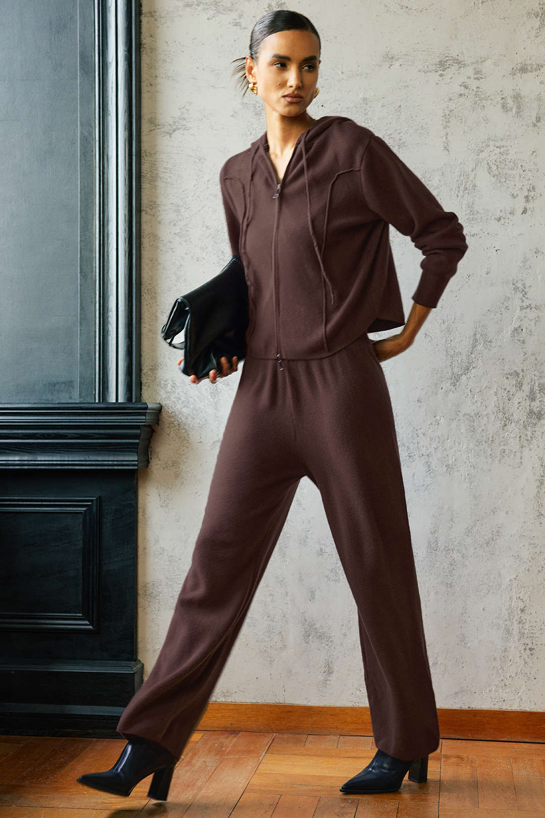 Strick-Reißverschluss-Kapuzenpullover, Cardigan und Hose mit weitem Bein Set