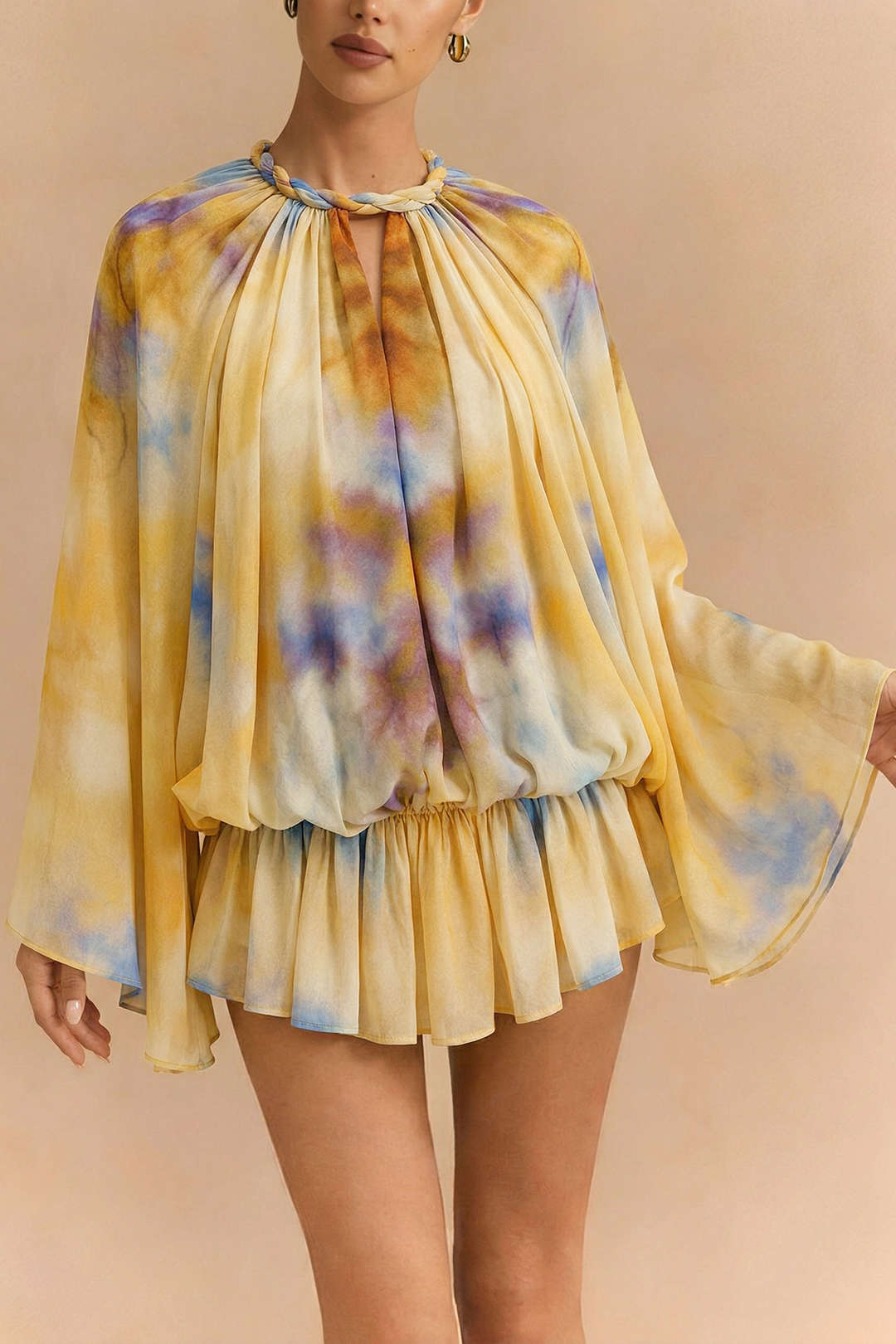Tie Dye Print Chiffon Twist Knot Round Neck Cut Out Ruched Long-Sleeve Shirt