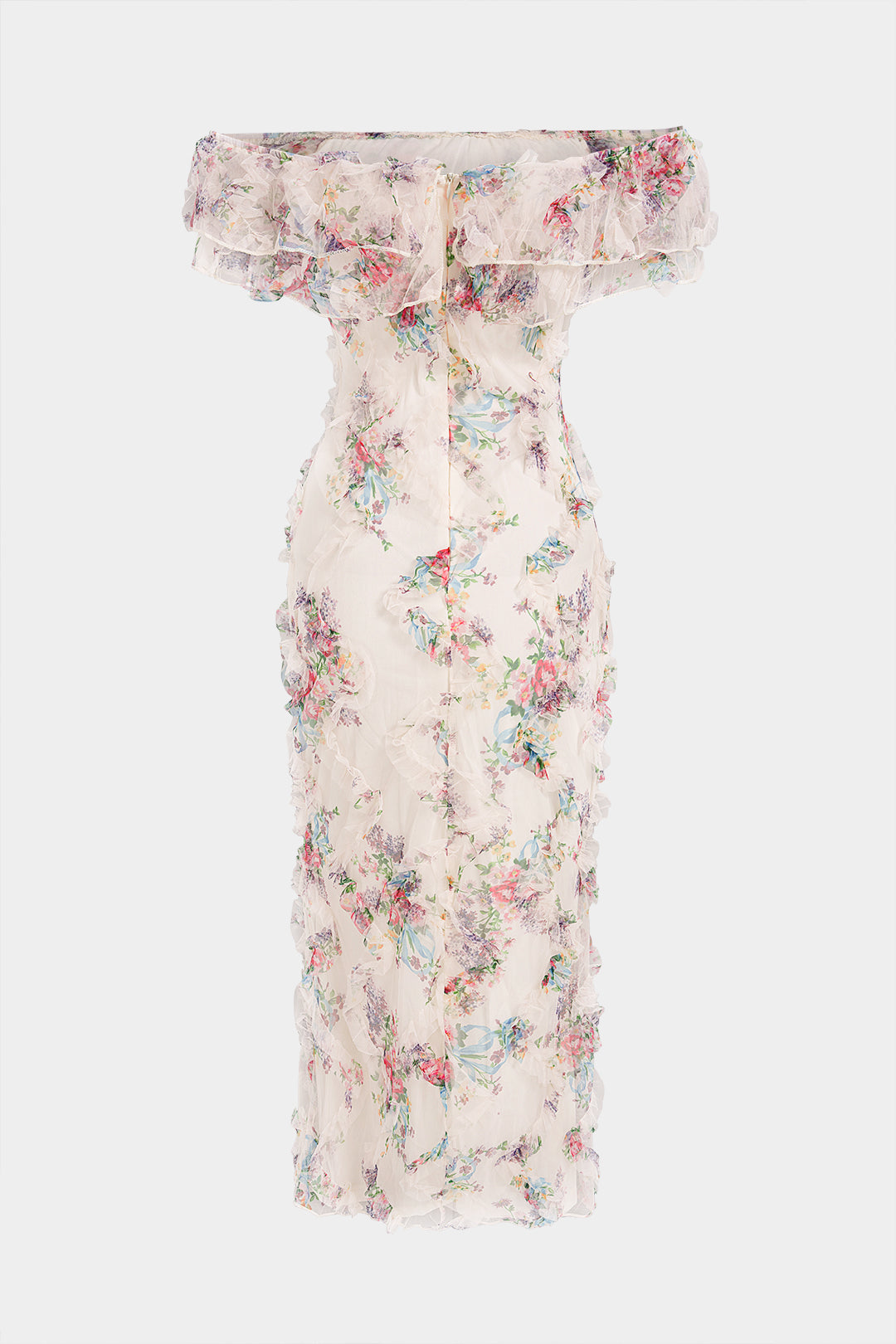 Floral Print Chiffon Patchwork Mesh Off Shoulder Ruffle Sleeveless Maxi Dress