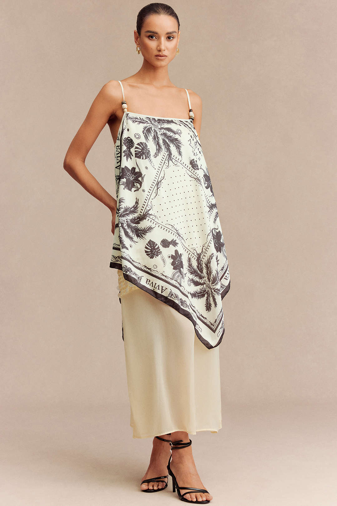 Leaf Print Patchwork Sequin Beaded Sleeveless Midi Dress