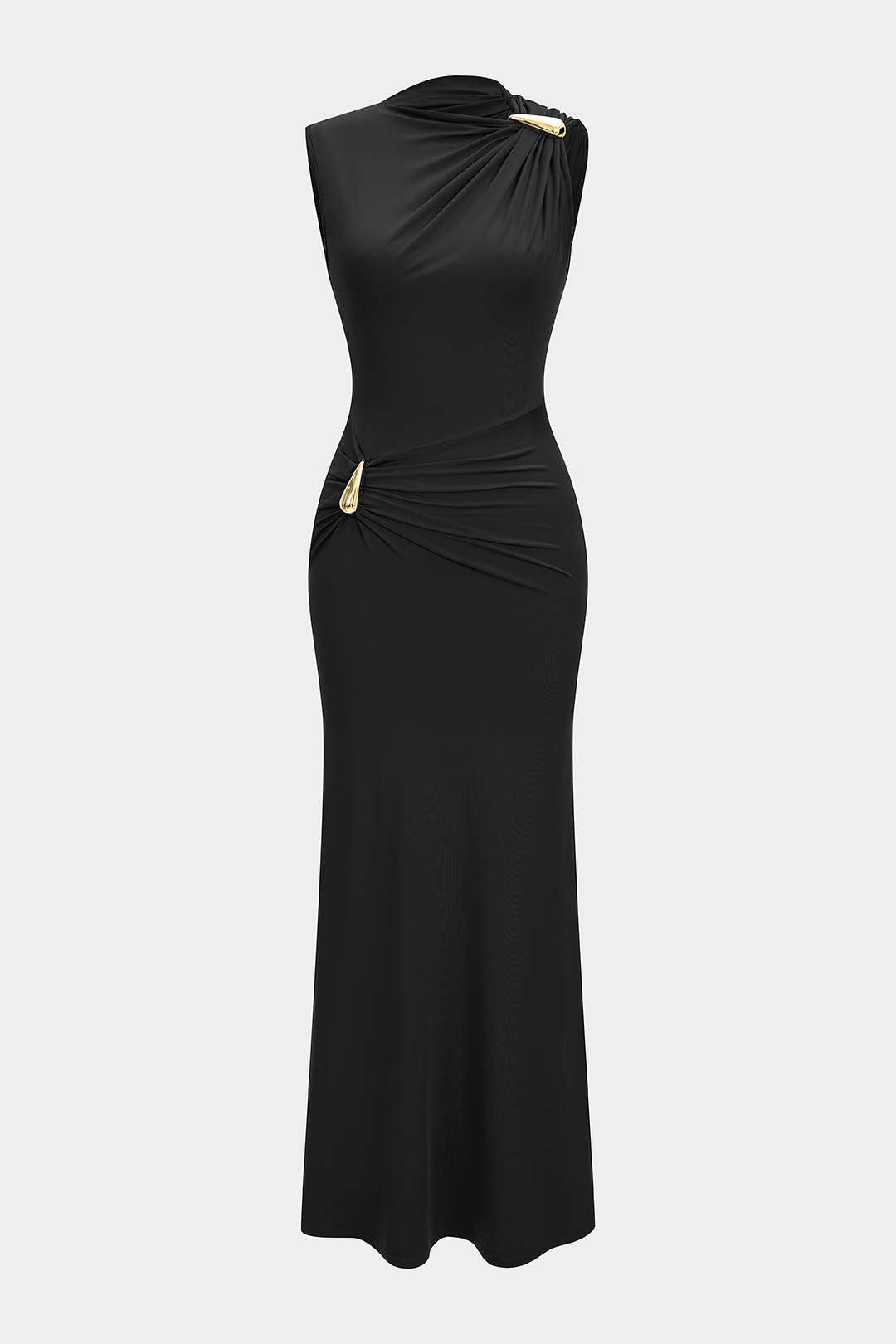 Robe longue maxi plissée sans manches décor métallisé