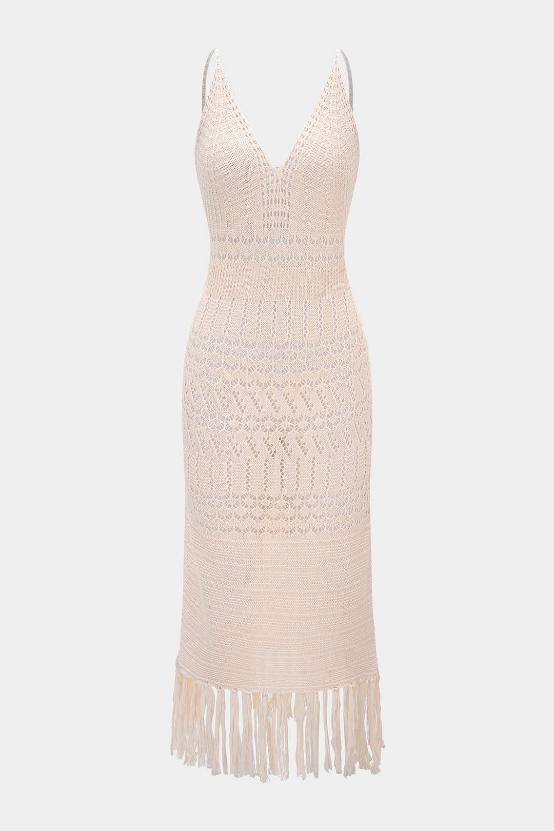 Open Knit V-Neck Hollow Out Fringe Sleeveless Midi Dress