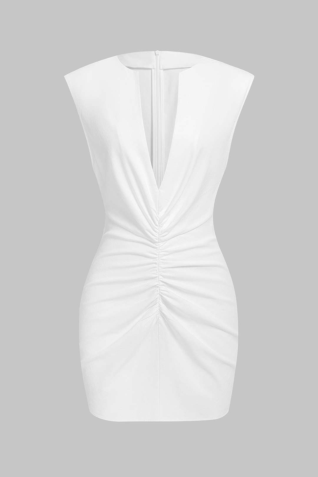 Mini-robe sans manches en lin à col en V, froncée et zippée