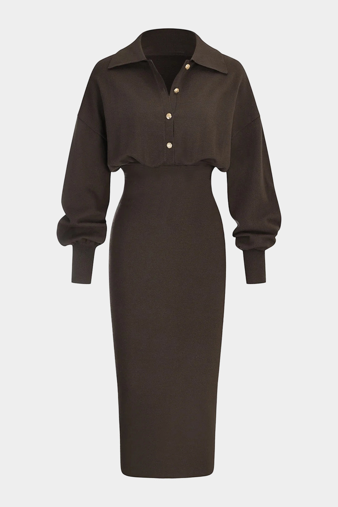 Knit Solid Button Long Sleeve Midi Dress