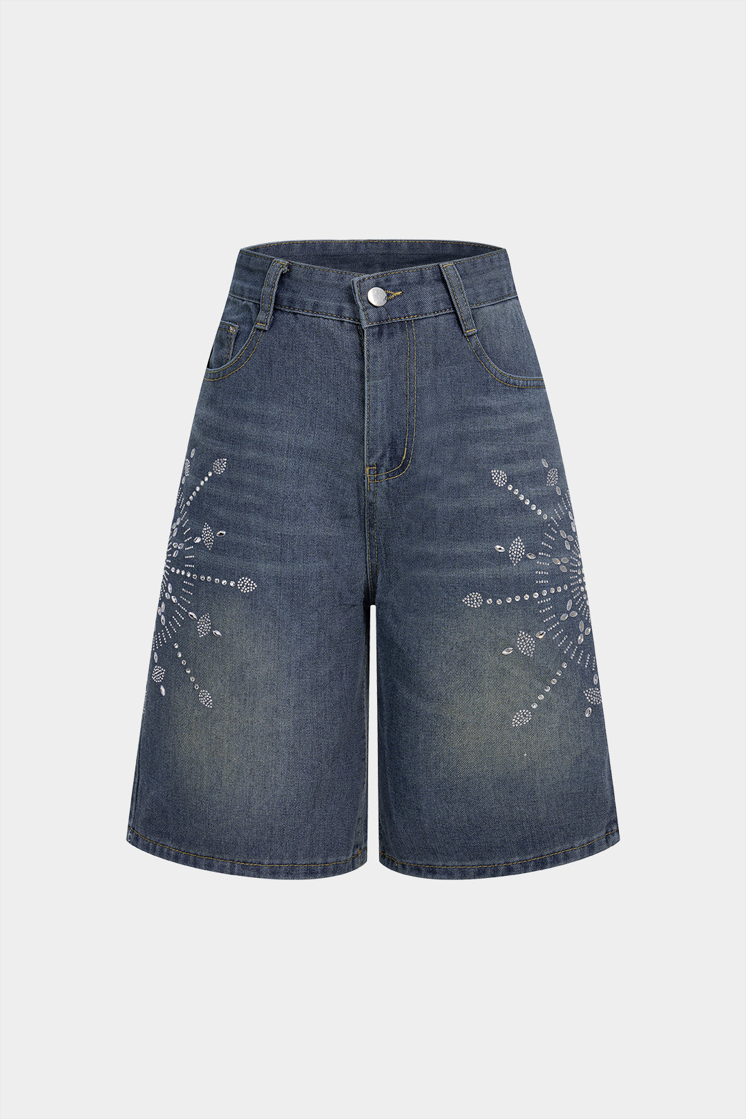 Jeans-Shorts mit weitem Bein und Strassdekor