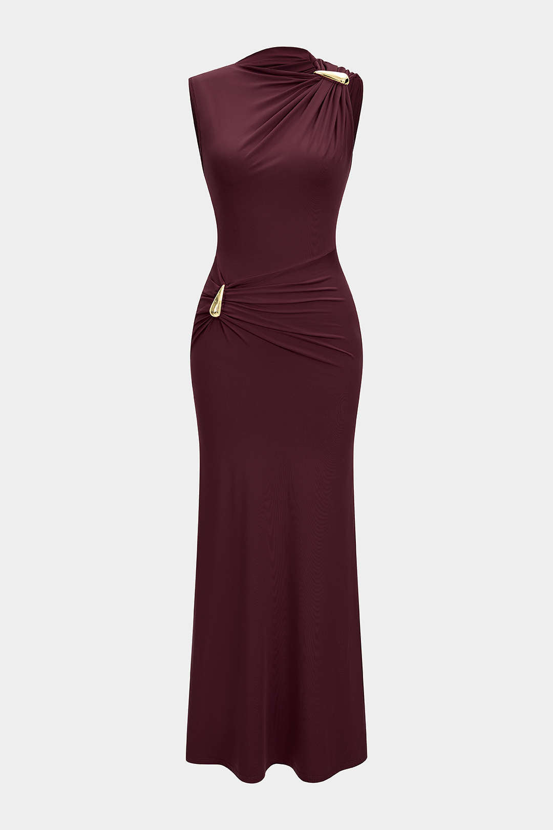 Robe longue maxi plissée sans manches décor métallisé