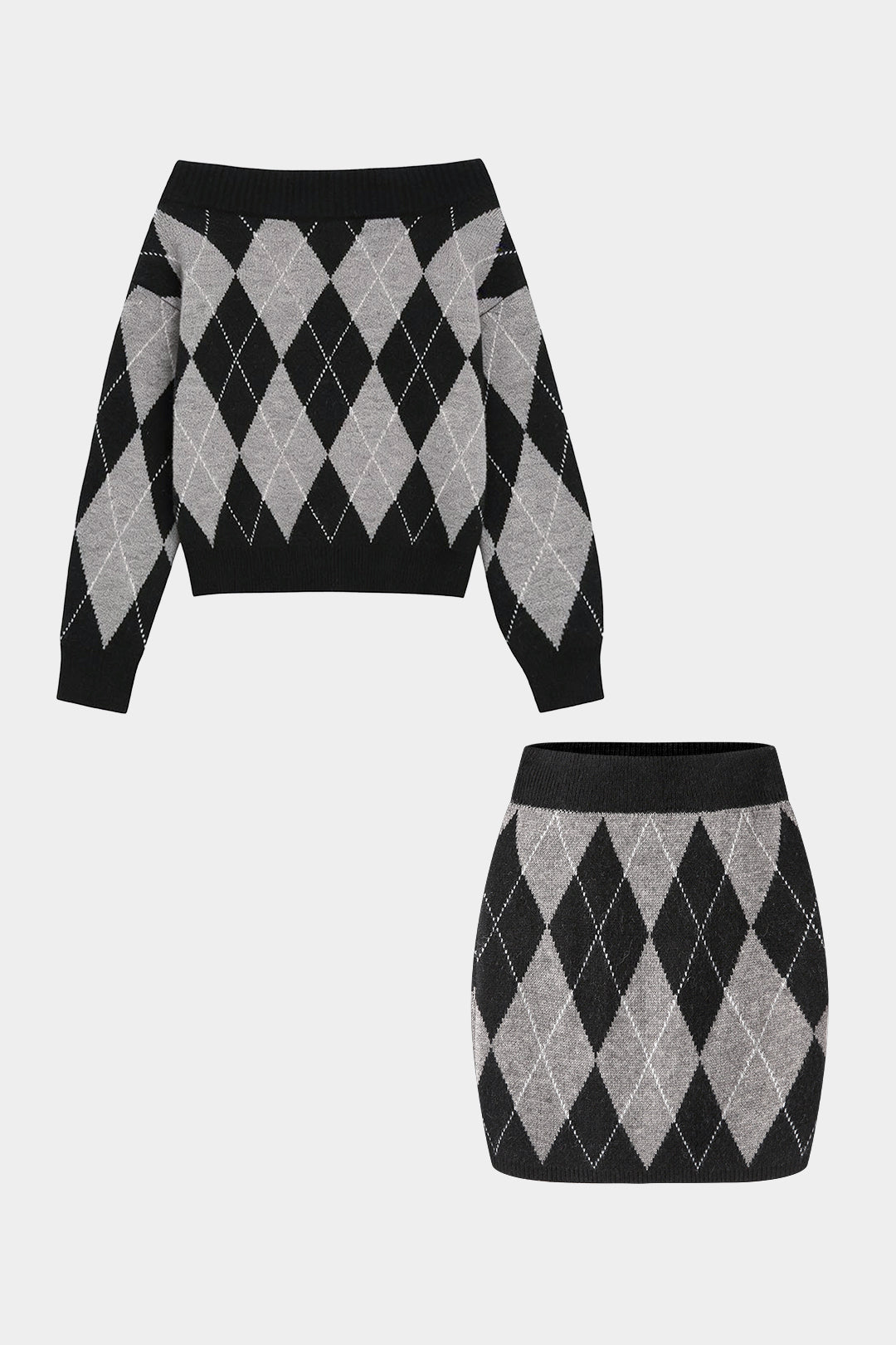 Knit Contrast Diamond Print Off Shoulder Long-Sleeve Top And High Waist Mini Skirt Set