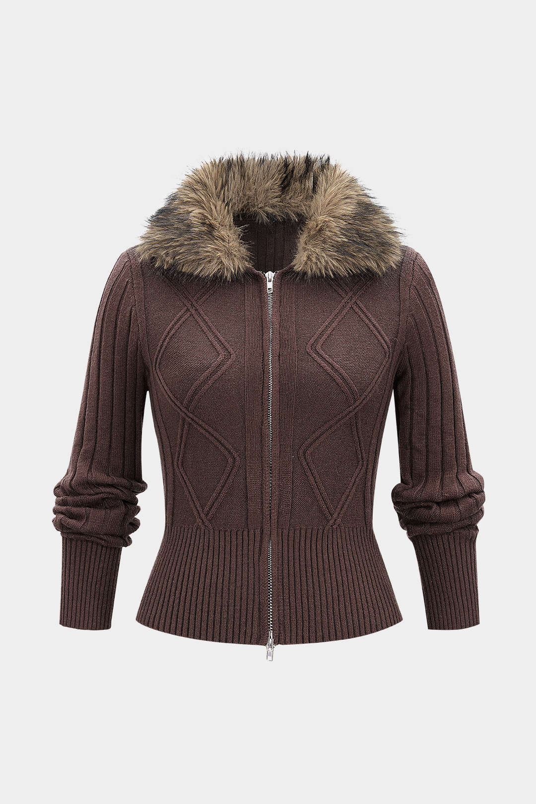 Strick-Patchwork-Fransen-Reißverschluss-Cardigan
