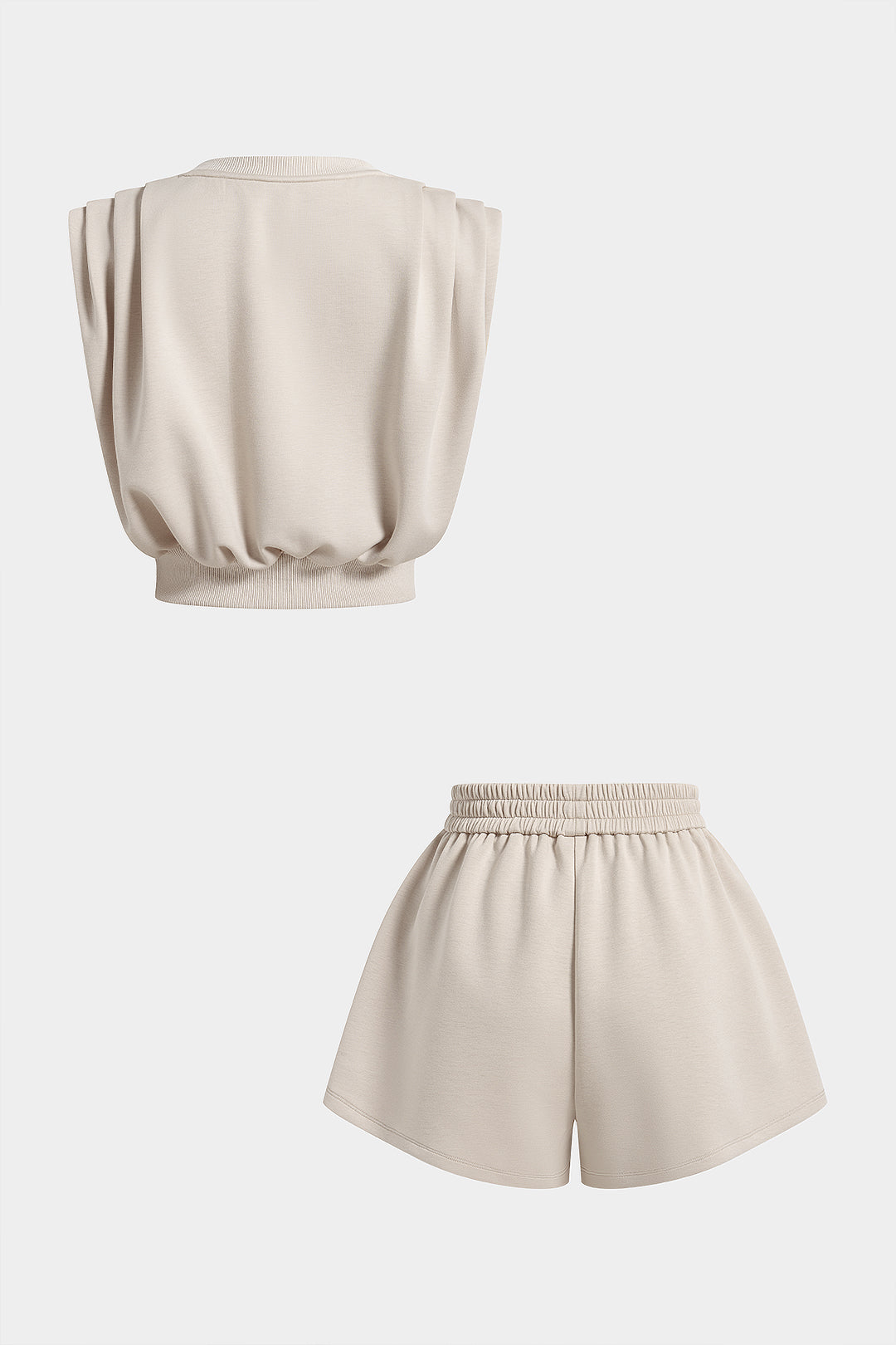 Einfarbiges V-Ausschnitt Tanktop mit Raffungen und Shorts mit gerüschtem Bund und weitem Bein