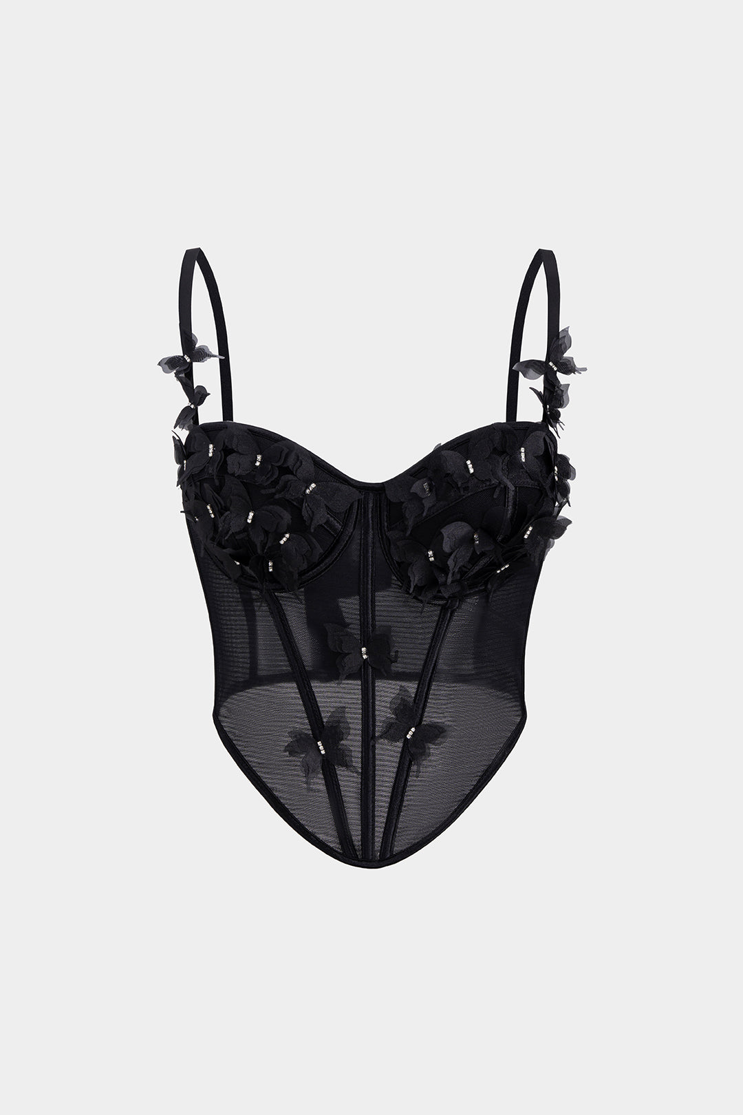 3D-Blumenapplikationen Transparentes Mesh-Korsett Rückenloses Cami-Top