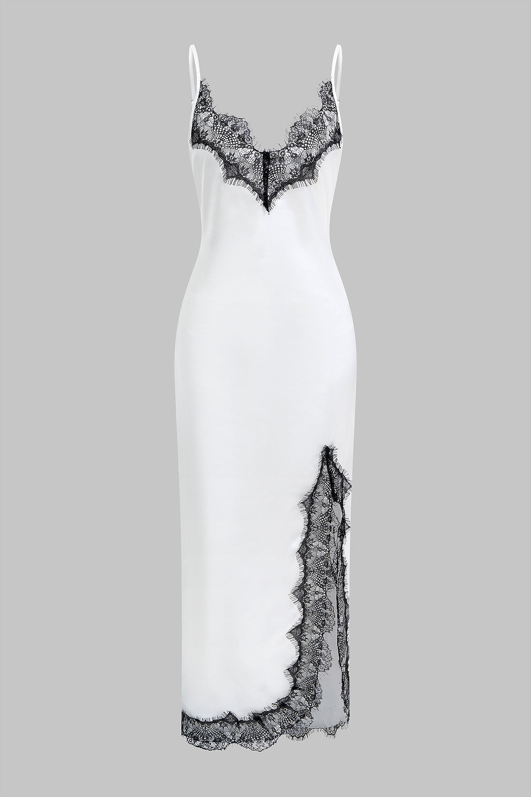 Robe longue sans manches en satin, patchwork de dentelle et fente
