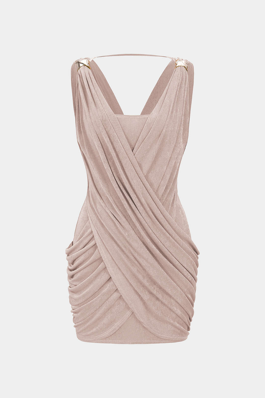 Ärmelloses Minikleid mit überkreuztem V-Ausschnitt, Raffung und Metallic-Dekor