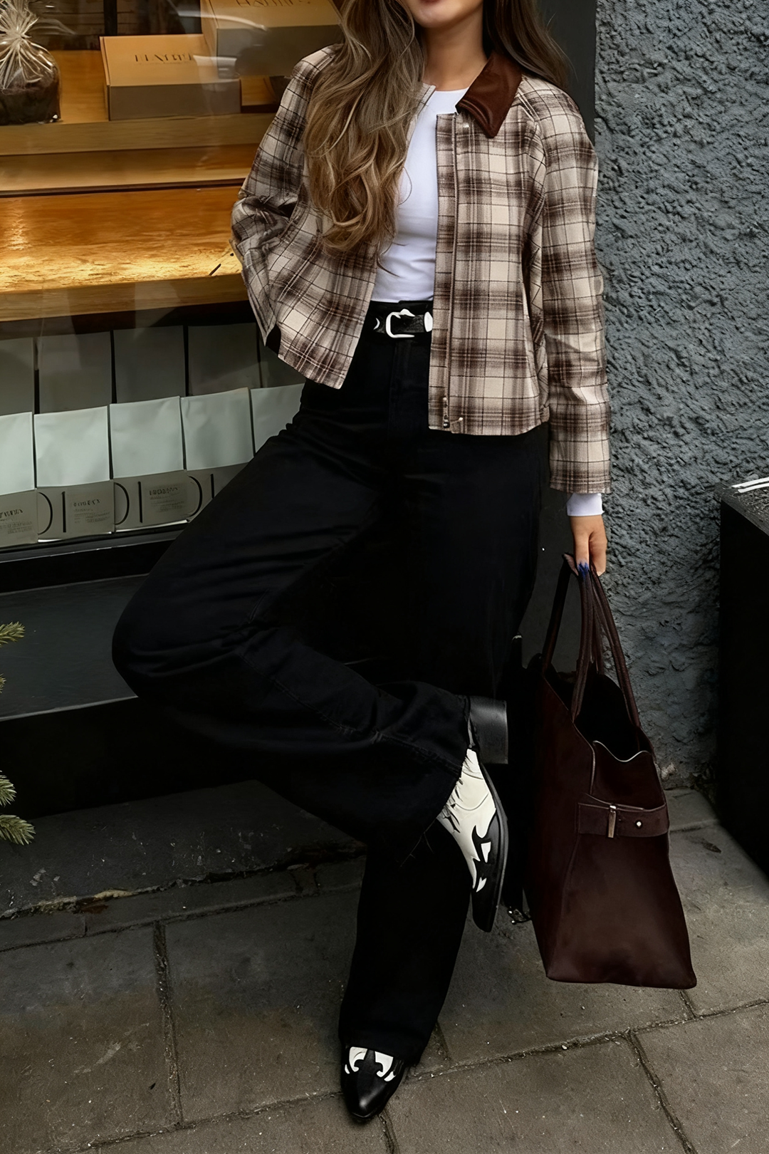 Veste à imprimé carreaux avec poches zippées