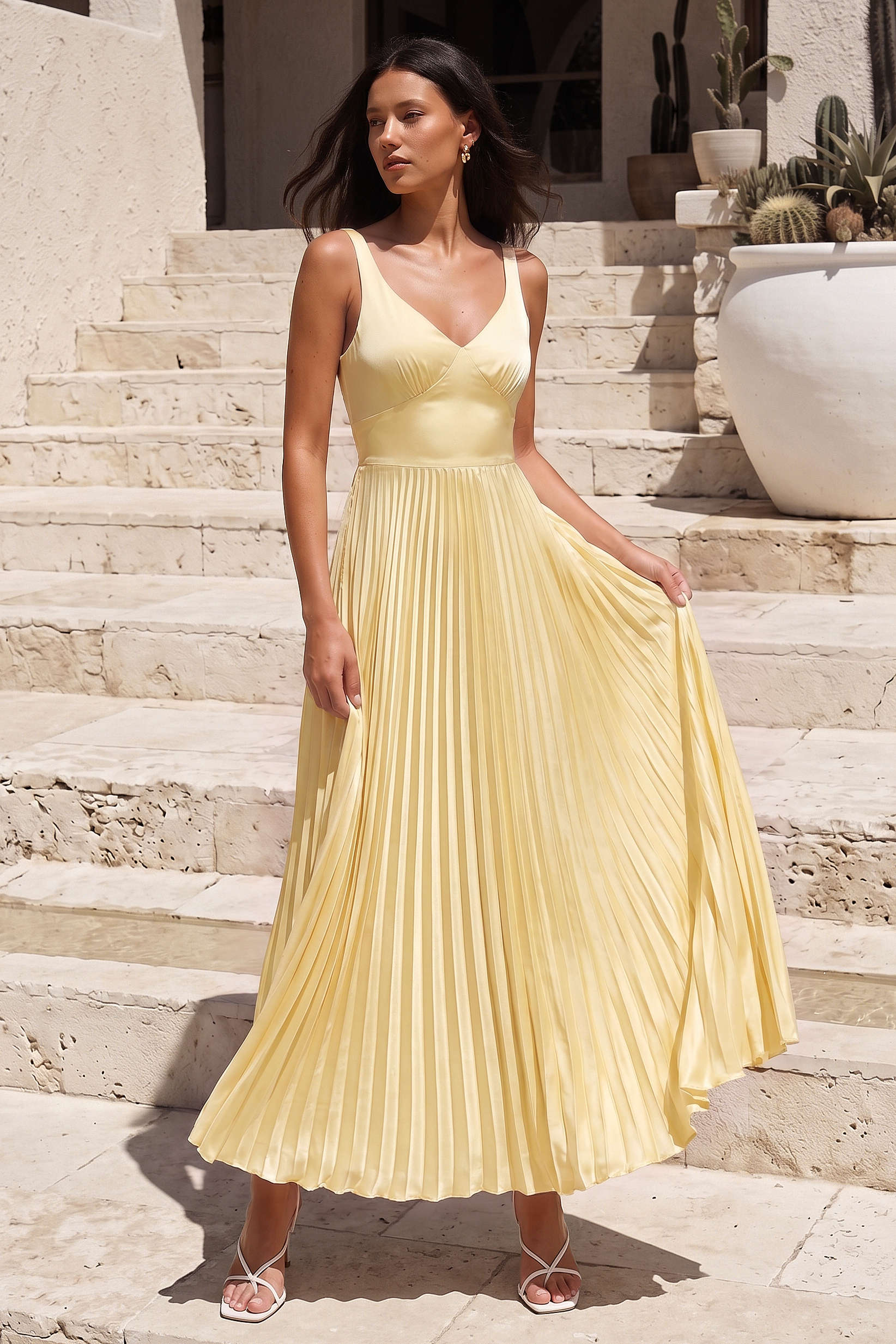 Satin V-Neck Pleated Sleeveless Maxi Dress