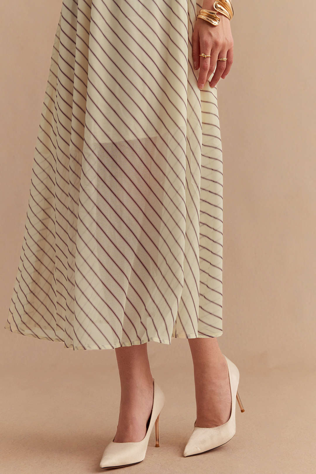 Stripes Print Chiffon Draped Cowl Neck Sleeveless Maxi Dress