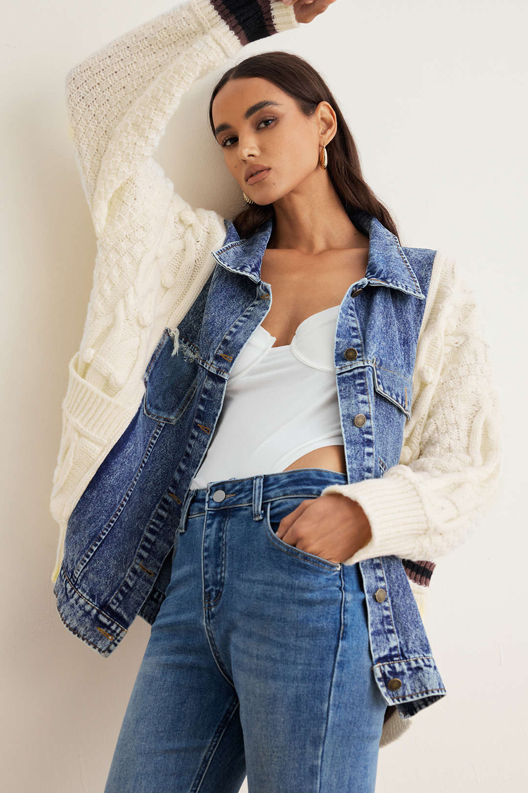 Gestrickter Denim Patchwork Cardigan