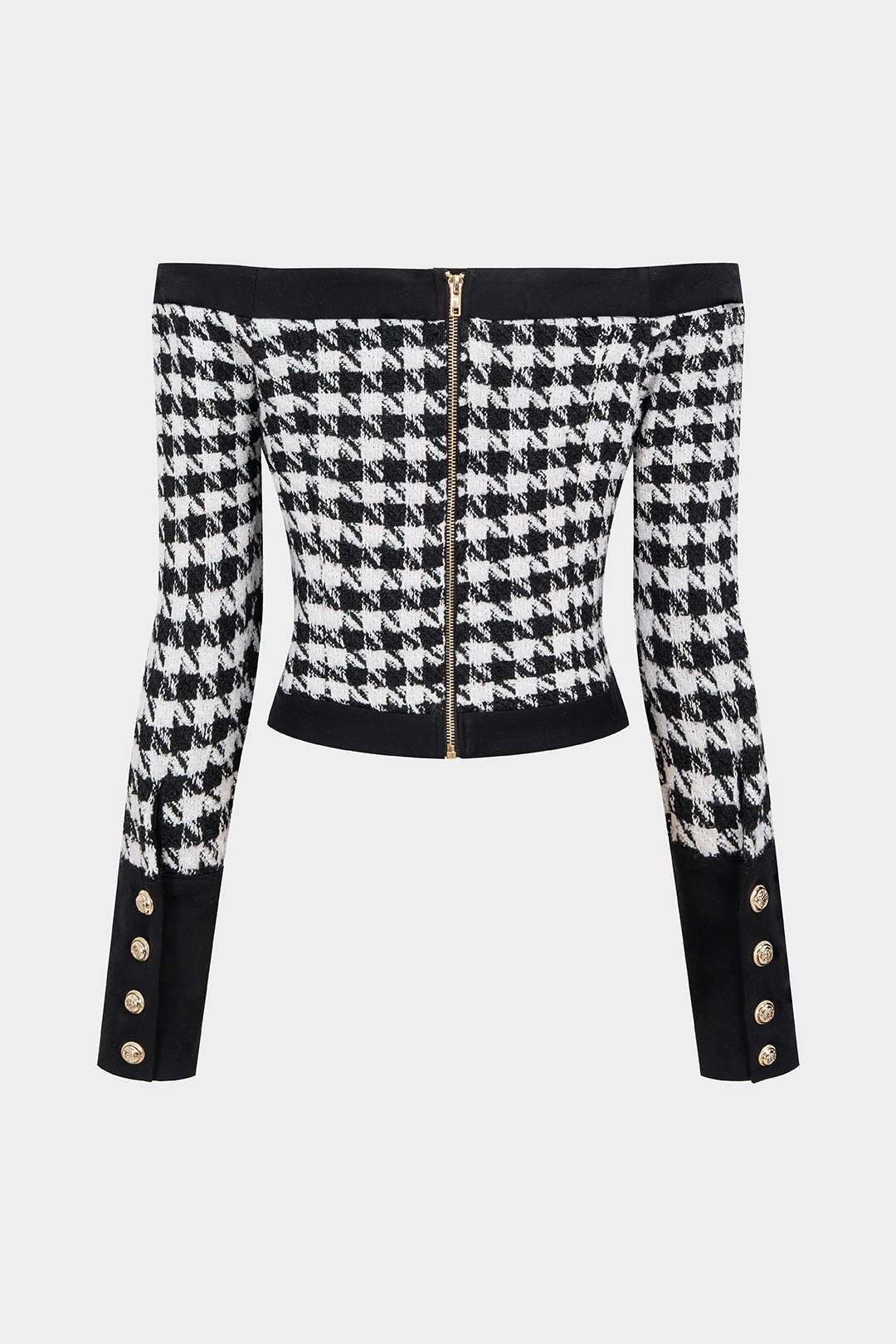 Houndstooth Print Off Shoulder Woolen Button Long-Sleeve Top