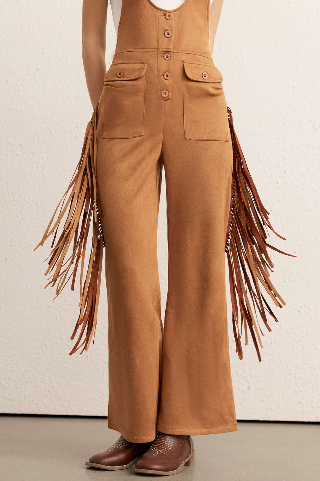 Fransenknopf Ärmelloser Jumpsuit mit weitem Bein
