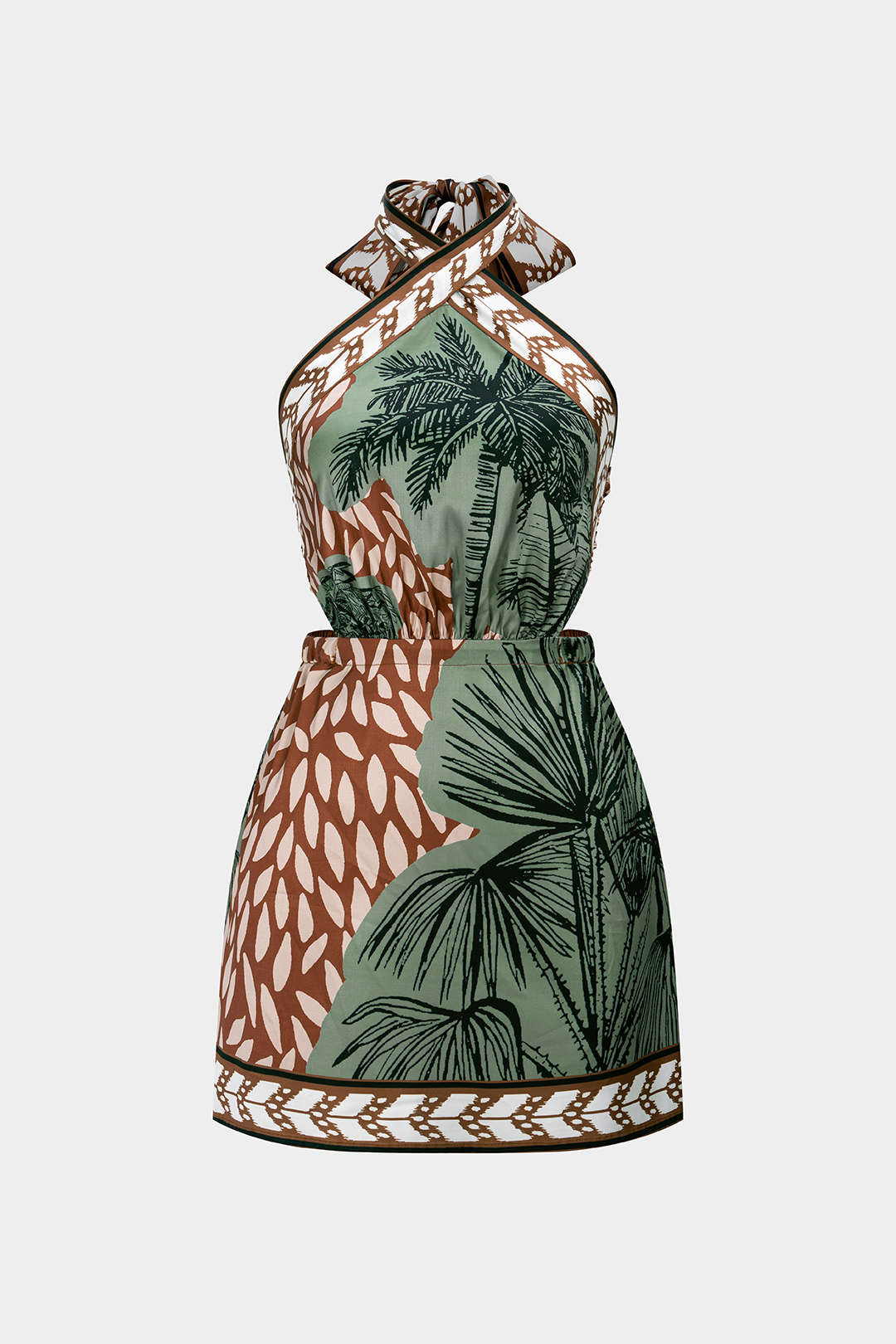 Minikleid aus Satin mit Blättermuster, Neckholder, Schnürung am Rücken und rückenfreiem Design