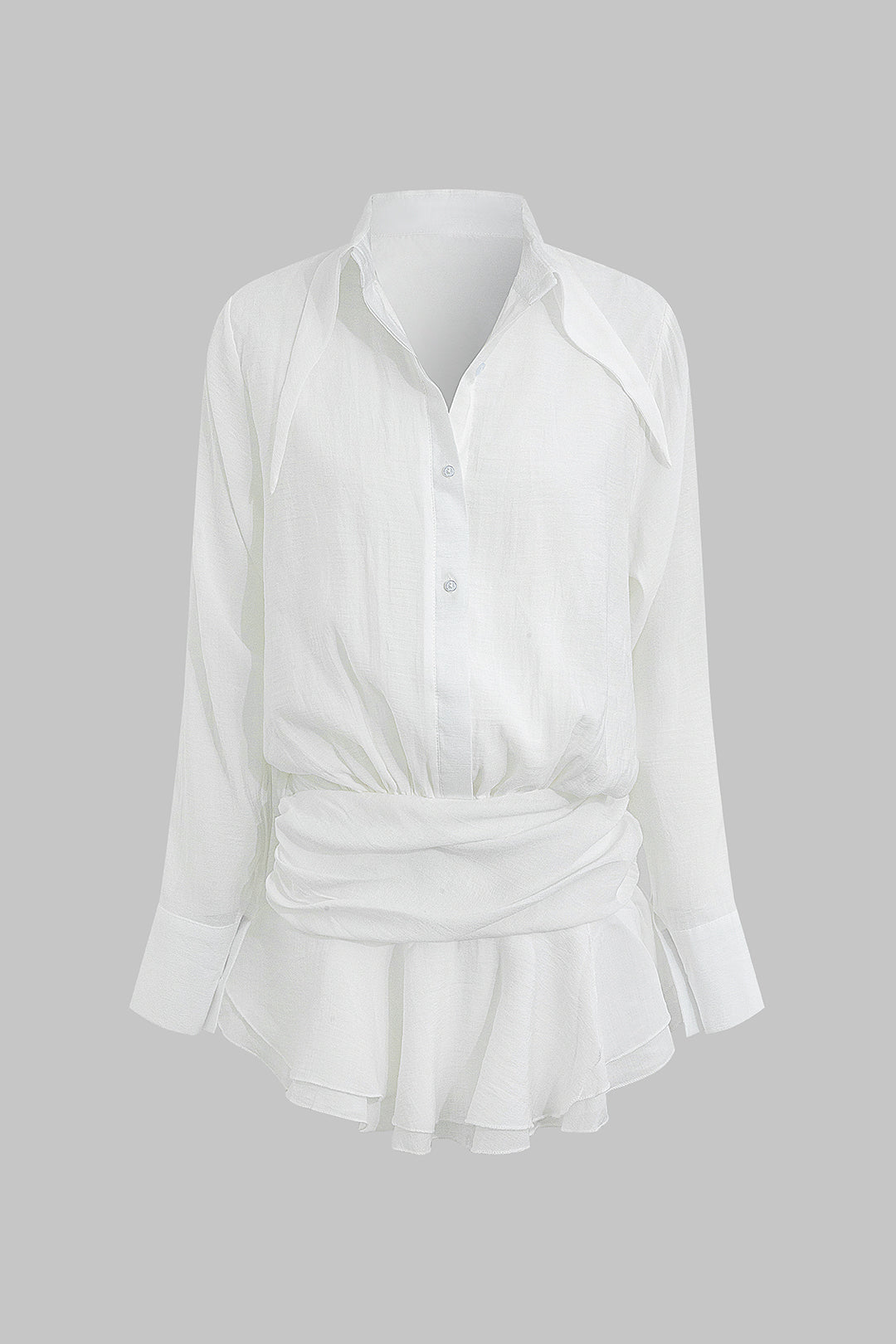 Lapel Ruched Bell Long Sleeve Mini Dress