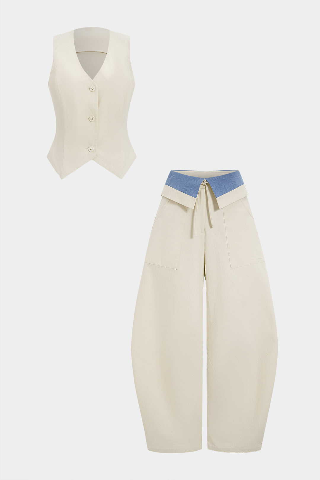 Set aus Jeans-Knopfweste und kontrastfarbener Barrel-Hose mit Kordelzug