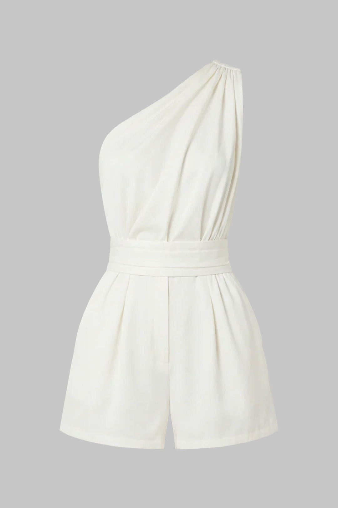 Ärmelloser Leinen-Romper mit One-Shoulder-Träger und Raffungen