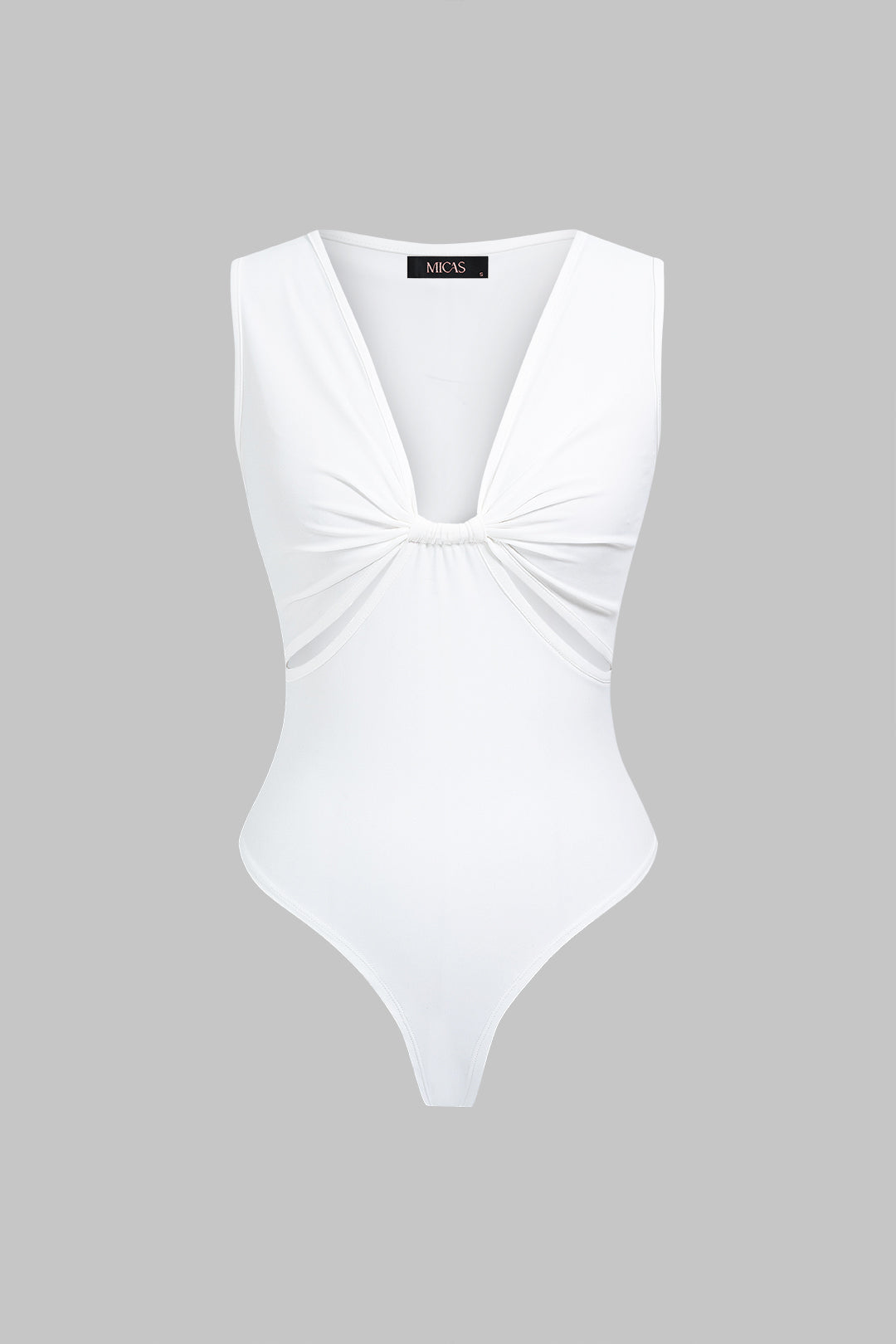 Einfarbiger V-Ausschnitt Cut-Out Geraffter Ärmelloser Bodysuit