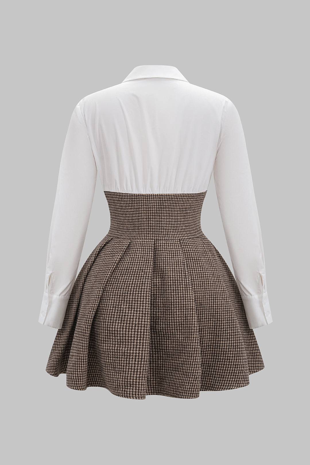 Hahnentritt-Patchwork-Falten-Minikleid mit hohem Bund und langen Ärmeln