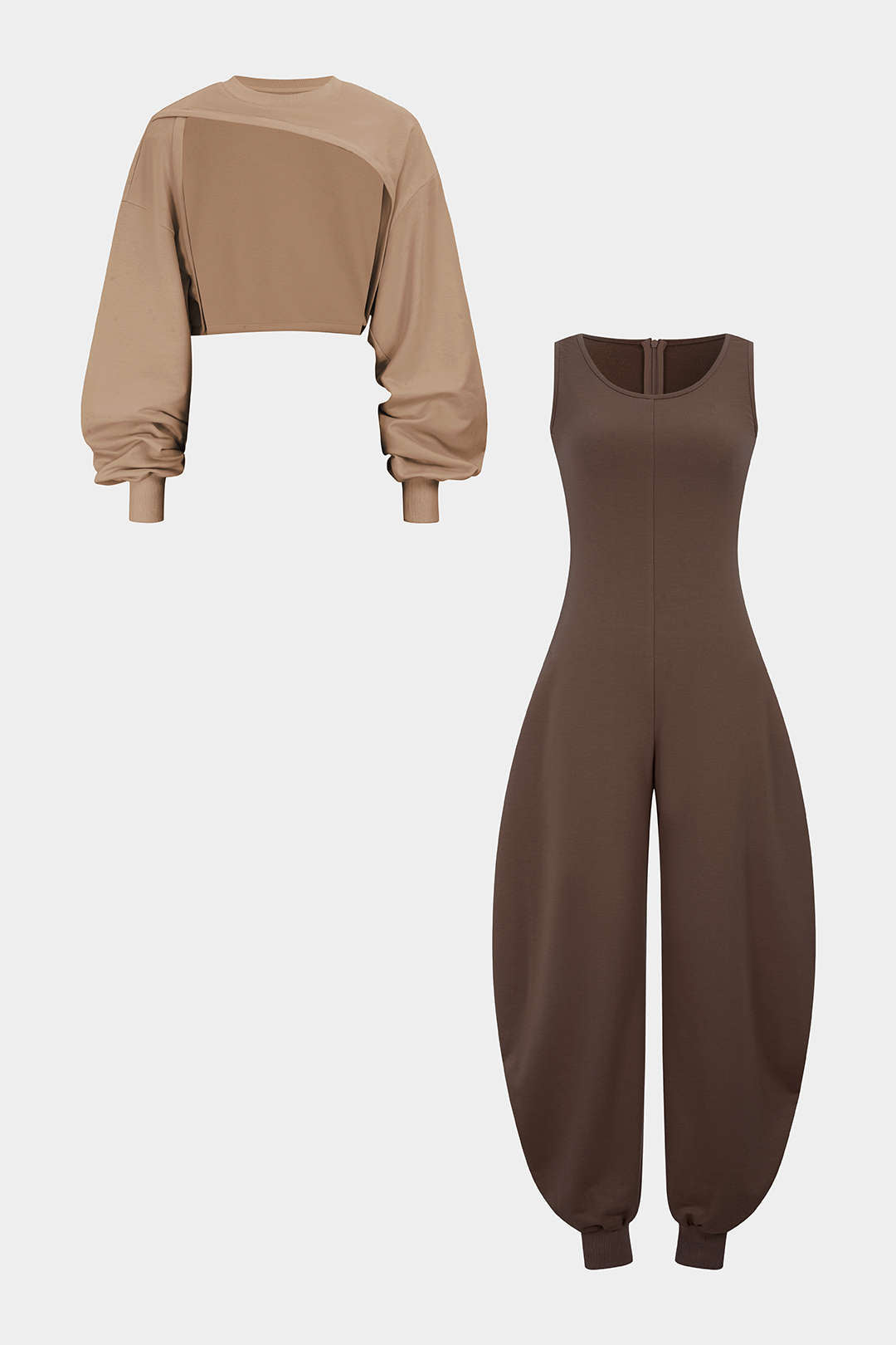 Solid Long-Sleeve Top And Sleeveless Jumpsuit Set