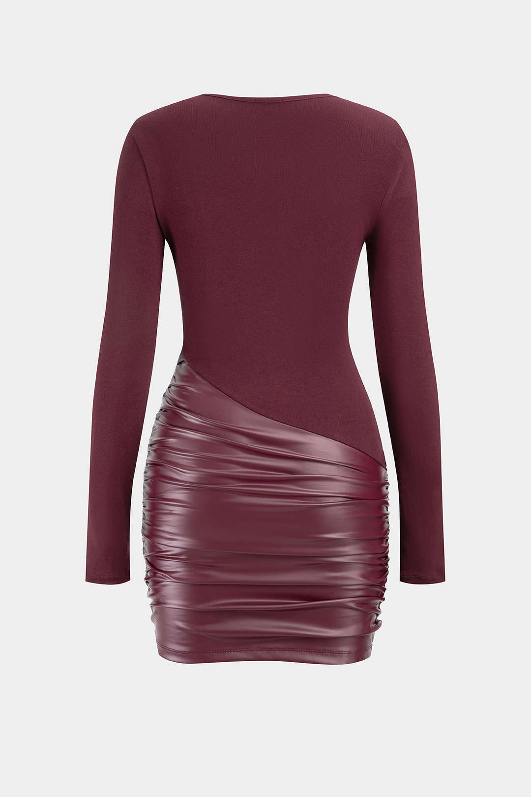 Faux Leather Patchwork Round Neck Ruched Long Sleeve Mini Dress