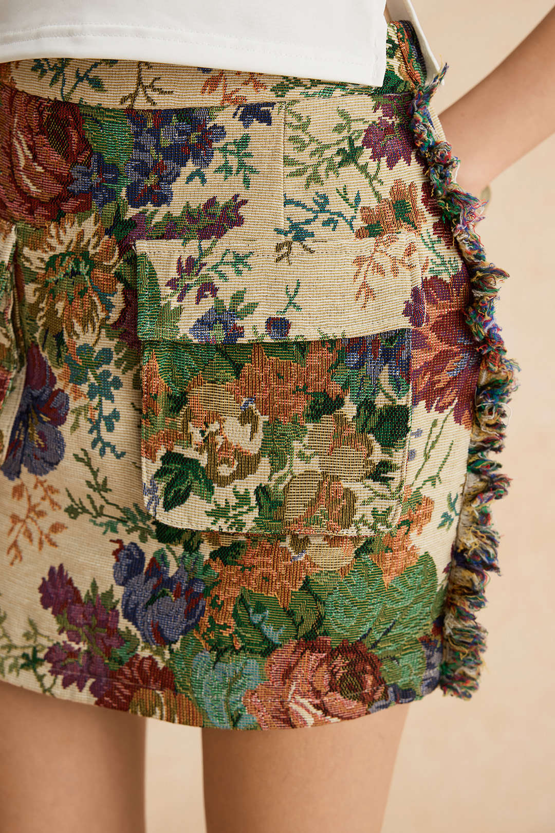 Retro Floral Print Fringe Zipper Mini Skirt