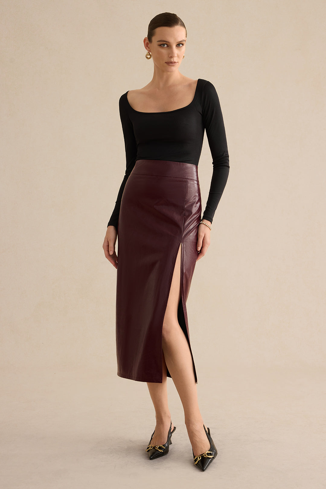 Faux Leather Side Slit Skirt