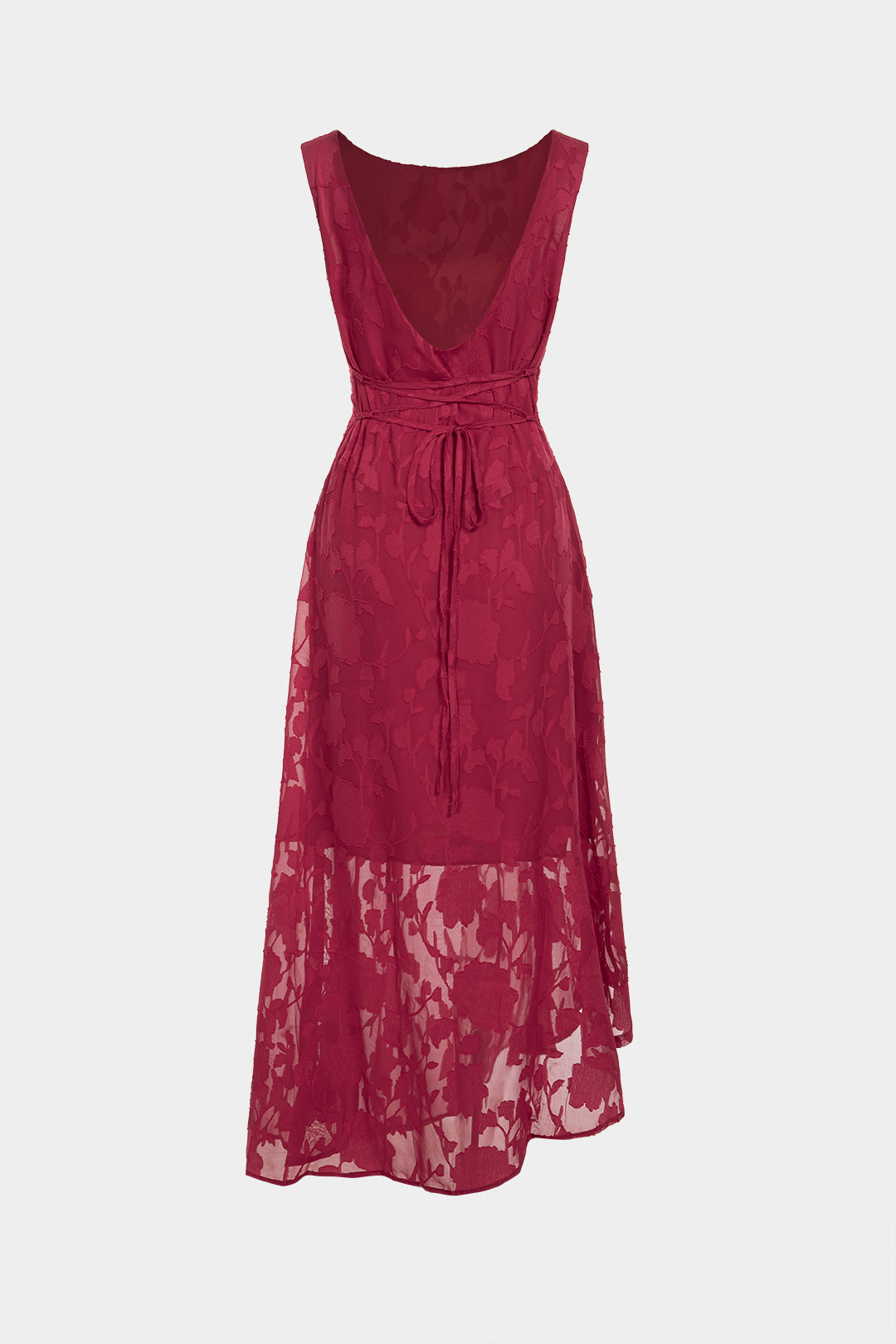 Jacquard Patchwork Lace Round Neck Backless Tie Back Sleeveless Maxi Dress