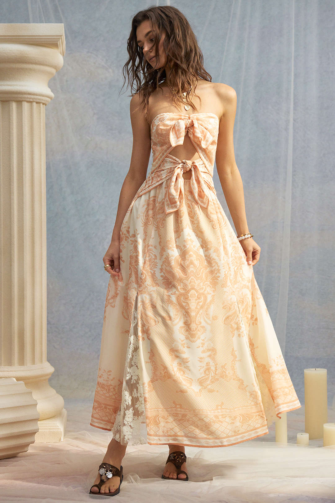 Bohemian Print Lace Patchwork Knotted Cut Out Strapless Midi Dress