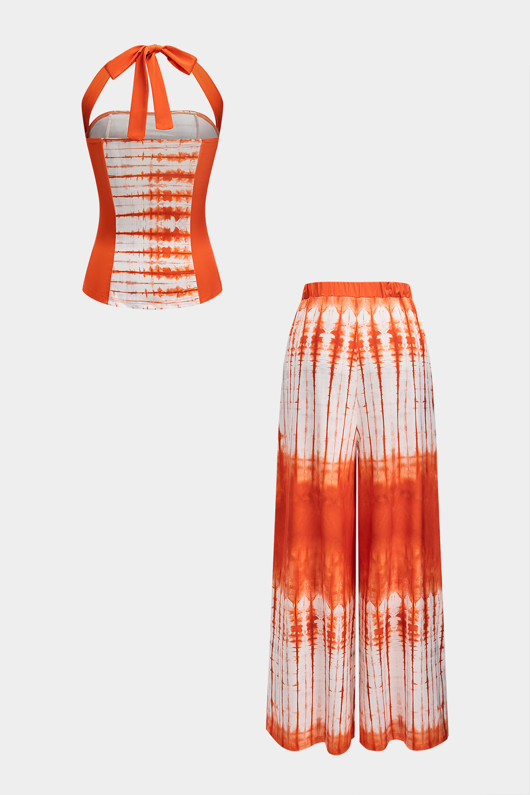 Tie Dye Print Halter Neck Tie-Up Tank Top And Wide Leg Pants Set