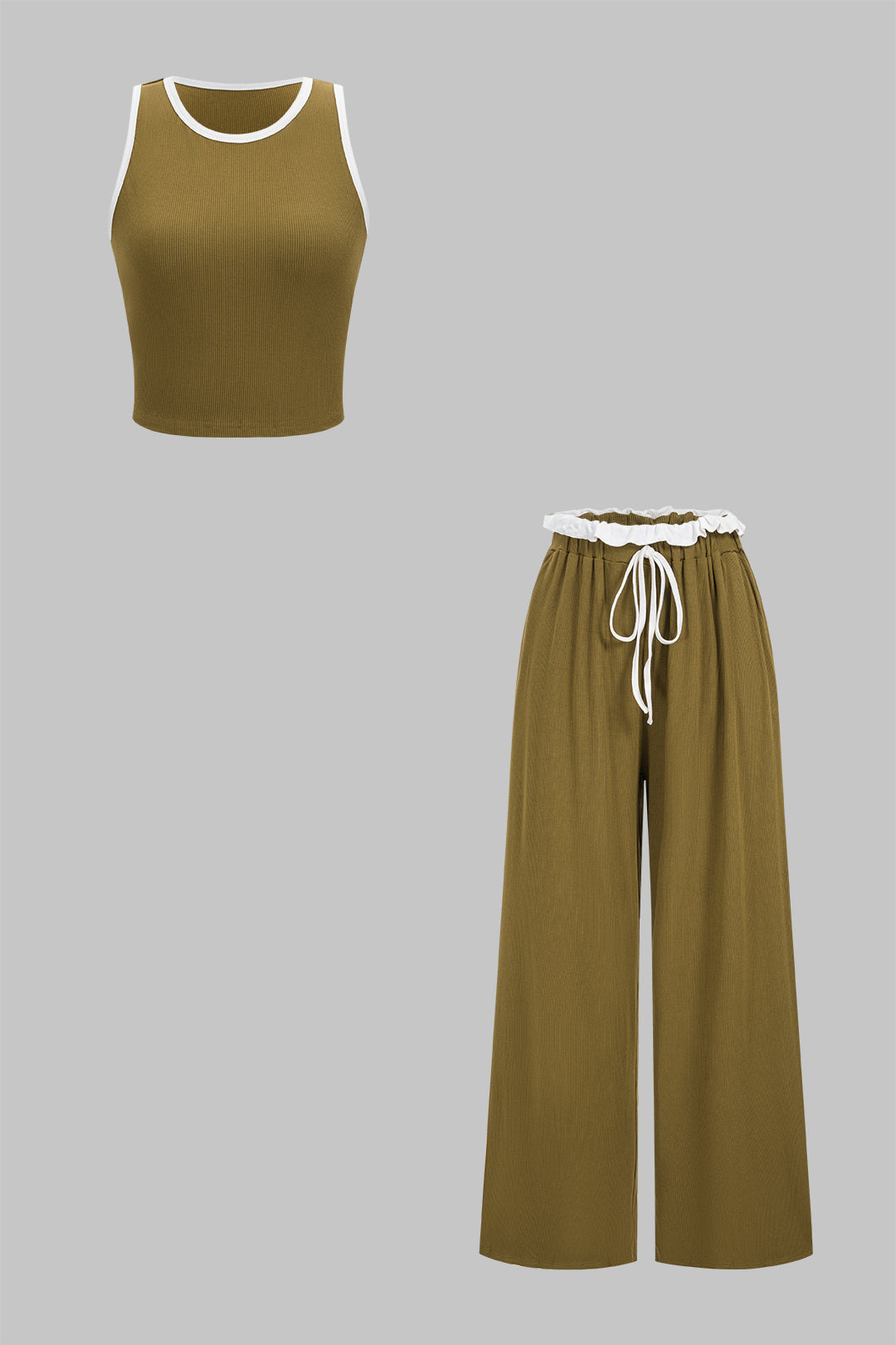 Contrast Round Neck Tank Top And Scallop Edge Drawstring Pants Sets