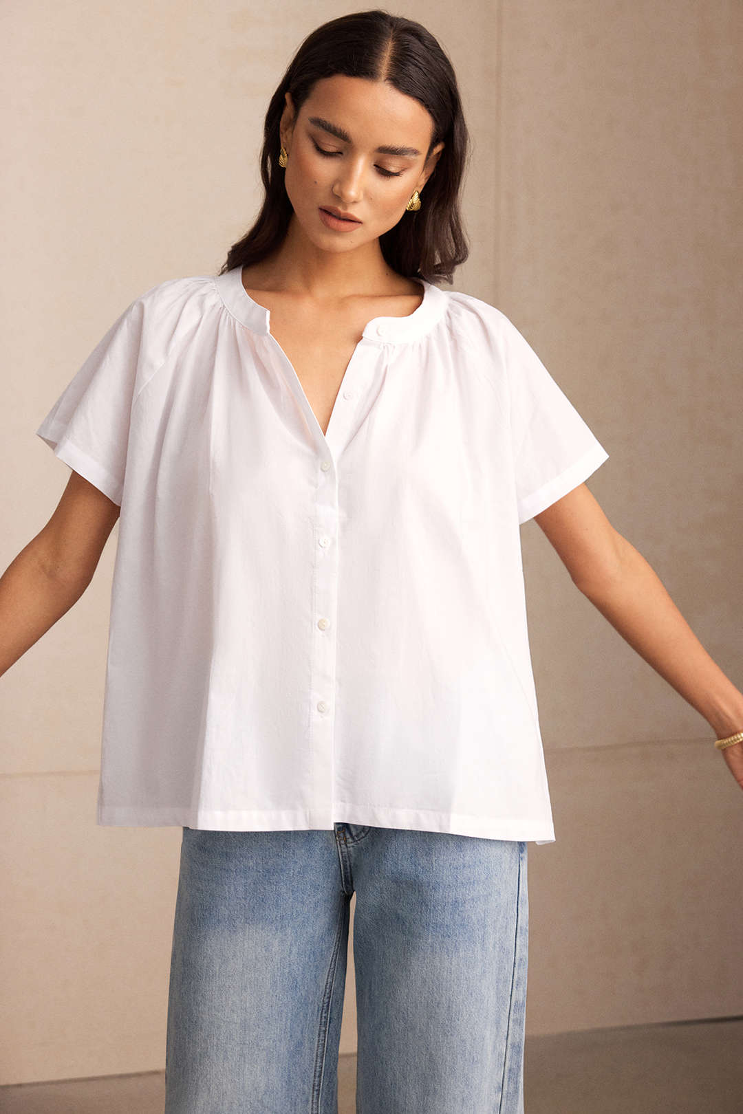 Round Neck Button Batwing Short-Sleeve Shirt
