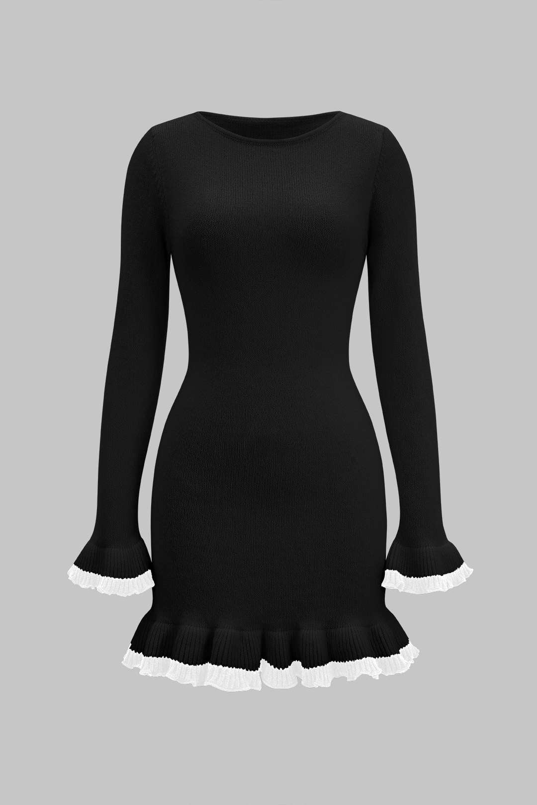 Knit Contrast Ruffle Binding Long Sleeve Mini Dress