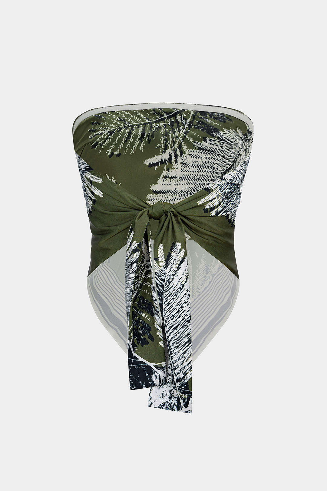Trägerloses Schlauchtop aus Satin mit Blättern und Kontrastdruck