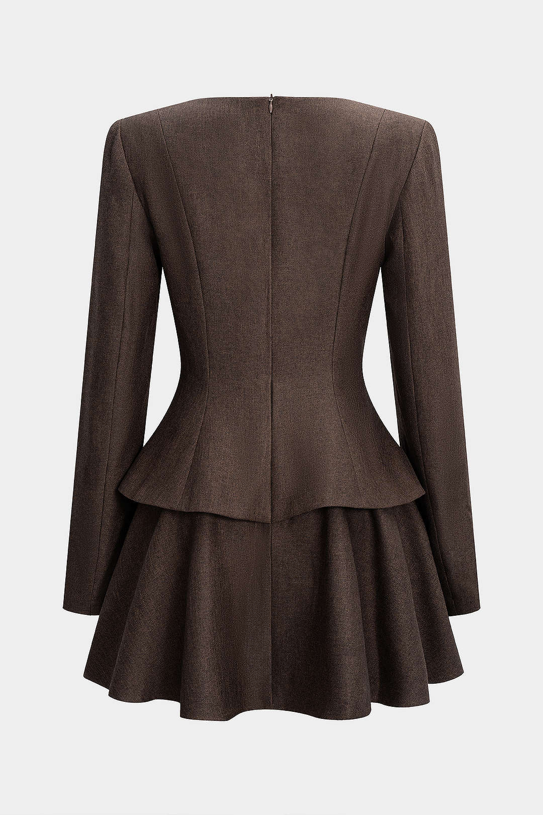Minikleid mit langen Ärmeln, Rüschen, Reißverschluss, Schulterpolstern und Metallic-Dekor